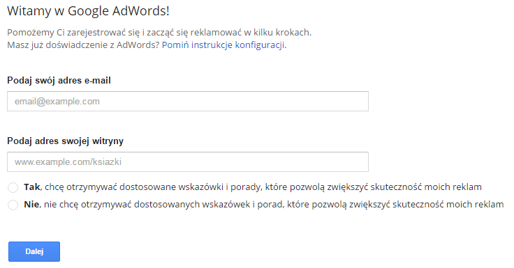 Zarejestruj się w Google AdWords Google AdWords > Dane firmy