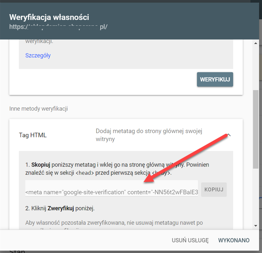 Wybierz: Tag HTML jako metodę weryfikacji własności strony internetowej Google > Weryfikacja własności witryny > Tag HTML