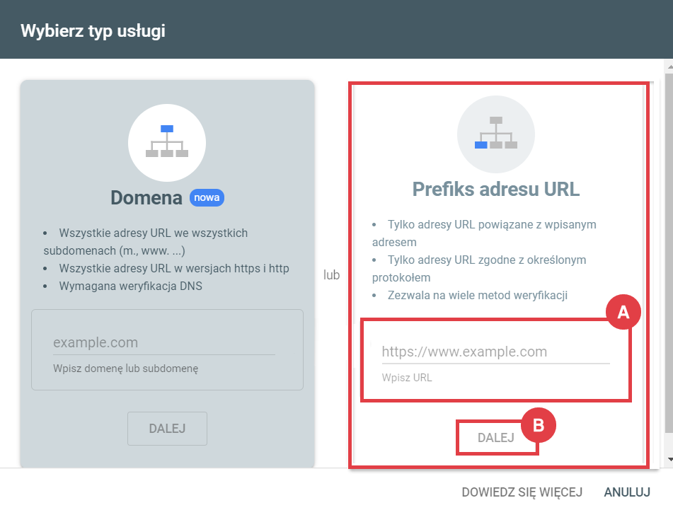Wybierz typ usługi: Prefiks adresu URL Metoda weryfikacji witryny odpowiednia dla sklepów w Google