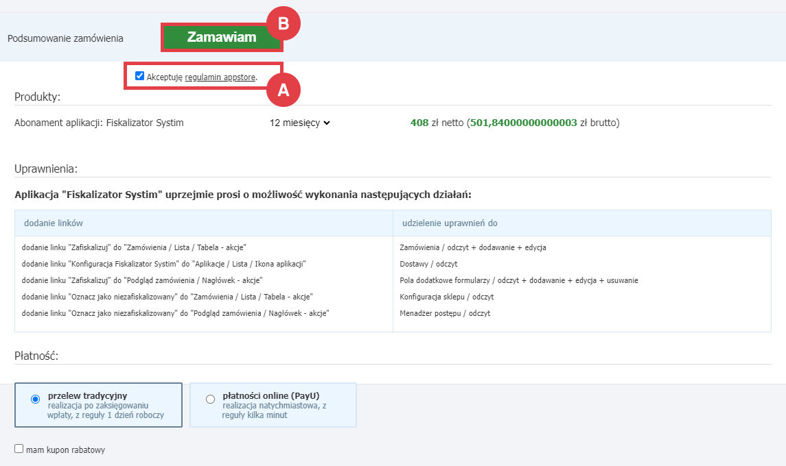 Zamów abonament aplikacji Fiskalizator Systim w sklepie Shoper Panel administracyjny sklepu > Dodatki i integracje > Aplikacje > Fiskalizator Systim > Instalacja