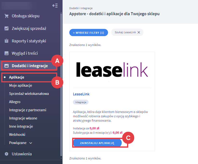 Zainstaluj aplikację LeaseLink w Panelu administracyjnym sklepu Shoper Panel administracyjny sklepu > Dodatki i integracje > Aplikacje > LeaseLink