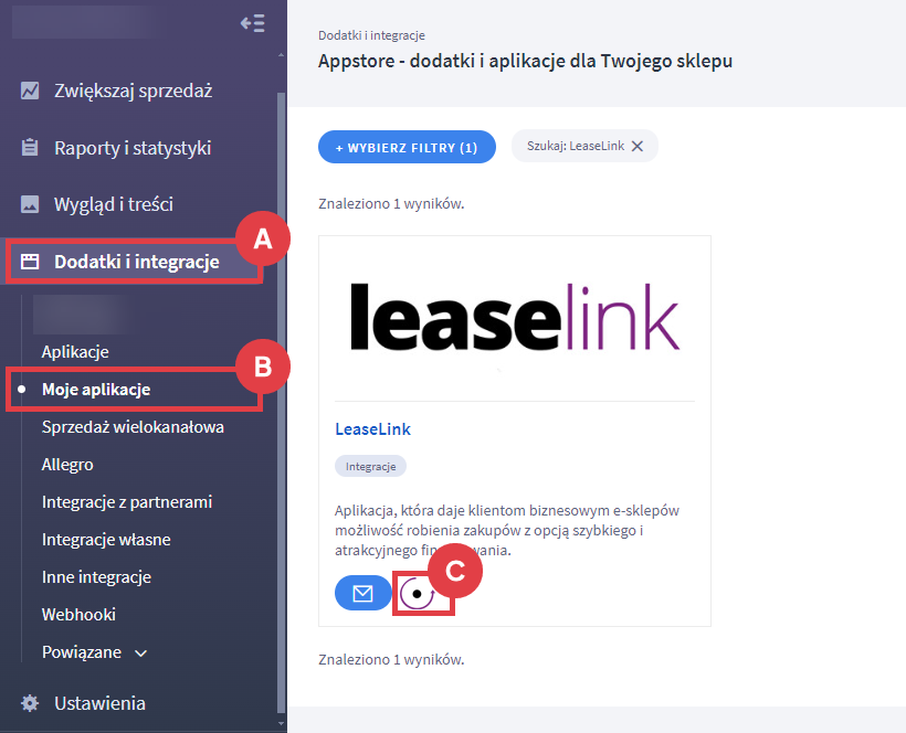 Skonfiguruj aplikację LeaseLink do działania w sklepie Shoper Panel administracyjny sklepu > Dodatki i integracje > Moje aplikacje > LeaseLink