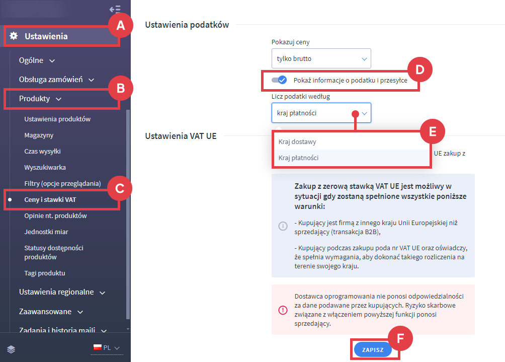 Włącz opcję wyświetlania informacji o podatku i przesyłce Panel administracyjny sklepu > Ustawienia > Produkty > Ceny i stawki VAT > Informacje o podatku i przesyłce