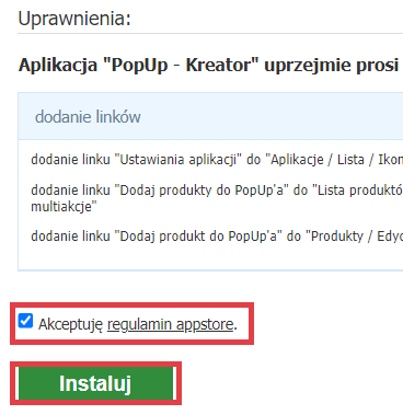 Zapoznaj się z działaniem i regulaminem aplikacji PopUp - Kreator Panel administracyjny sklepu > Dodatki i integracje > Aplikacje > PopUp - Kreator > Instalacja