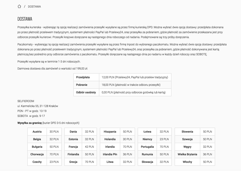 Widok strony informacyjnej: Dostawa w sklepie Selfieroom Jak sklep Selfieroom informuje klientów o dostawie?