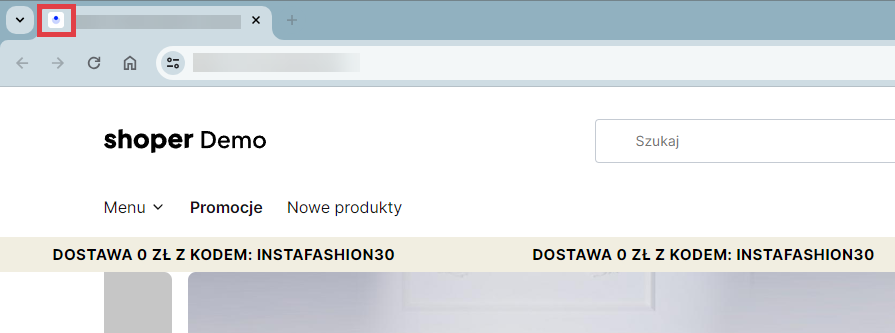 Zobacz, gdzie wyświetla się favicon (ikona) Podgląd strony sklepu internetowego > Favicon w pasku adresu