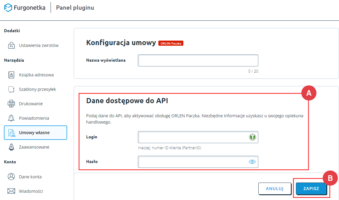 Podaj dane dostępowe do własnej umowy Panel administracyjny > Dodatki i integracje > Moje aplikacje > Orlen Paczka > Konfiguracja Umowy