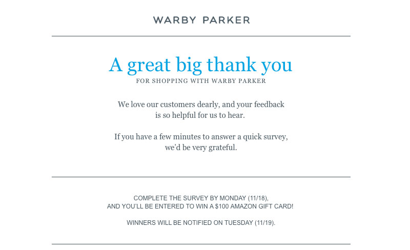 Pierwsza inspiracja do pisania wiadomości e-mail do klienta Przykład maila sprzedażowego ze sklepu WARBY PARKER