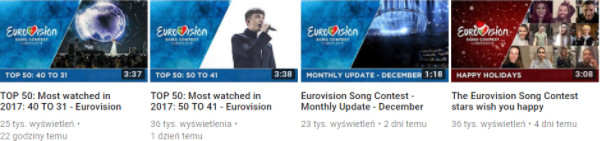 Przykład spójnych graficznie miniaturek filmów na kanale Eurowizji w YouTube Przykładowe miniaturki filmów Eurowizji na YouTube - spójna identyfikacja wizualna