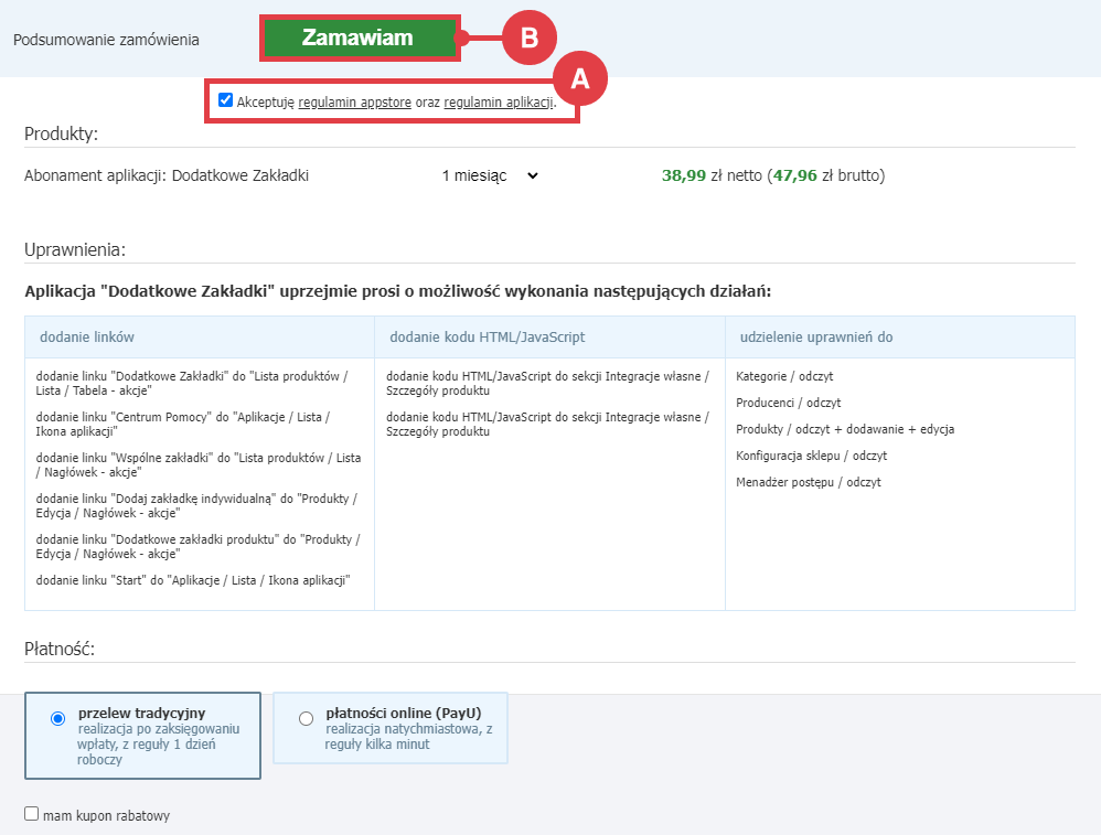 Zamów abonament aplikacji Dodatkowe Zakładki w sklepie Shoper Panel administracyjny sklepu > Dodatki i integracje > Aplikacje > Dodatkowe Zakładki > Instalacja