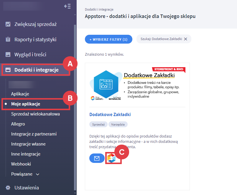 Zacznij tworzyć dodatkowe zakładki na kartach produktów w sklepie Shoper Panel administracyjny sklepu > Dodatki i integracje > Moje aplikacje > Dodatkowe Zakładki