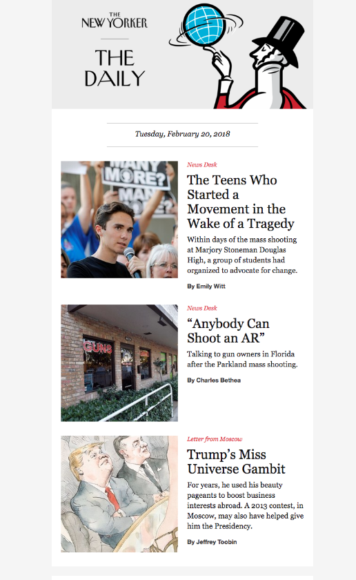 Przykład treści newslettera wysyłanego codziennie przez amerykański tygodnik The New Yorker Przykładowa zawartość wysyłanego codziennie newslettera do subskrybentów