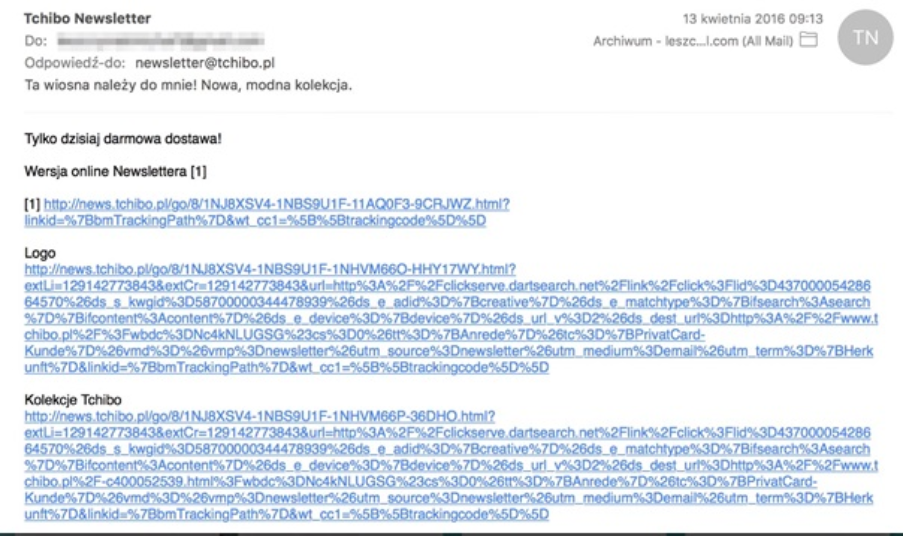 Przykład wiadomości e-mail zawierającej błędy - wysłanej w ramach e-mail marketingu Przykładowa wysłana wiadomość e-mail marketingu z błędami w zawartości