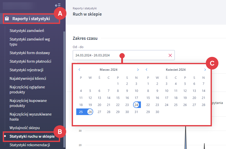 Zaznacz zakres dat, które Cię interesują do wygenerowania statystyk Panel administracyjny sklepu > Raporty i statystyki > Statystyki ruchu w sklepie > Zakres czasu