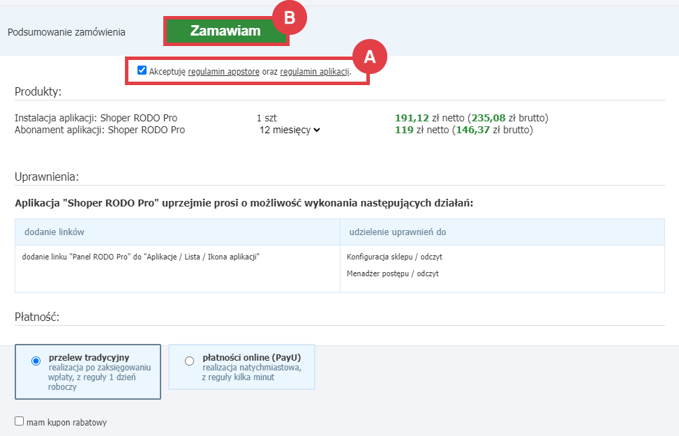 Zamów abonament Shoper RODO Pro w sklepie internetowym Panel administracyjny sklepu > Dodatki i integracje > Aplikacje > Shoper RODO Pro > Instalacja