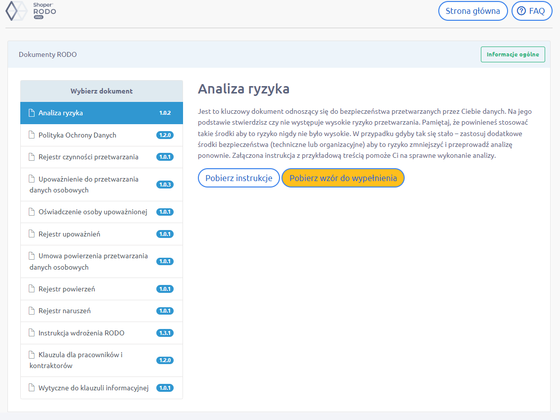 Wybierz dokument wewnętrzny wymagany przez RODO z listy Panel administracyjny sklepu > Dodatki i integracje > Moje aplikacje > Shoper RODO Pro > Dokumenty