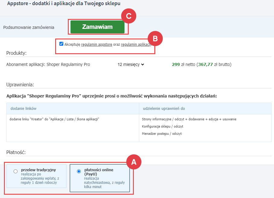 Potwierdź instalację aplikacji panel administracyjny > Dodatki i integracje > Aplikacje > Instalacja aplikacji