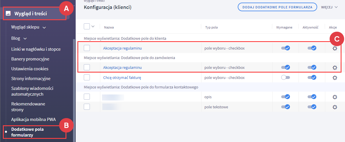 Dodatkowe pola formularzy Panel administracyjny > Wygląd i treści > Dodatkowe pola formularzy