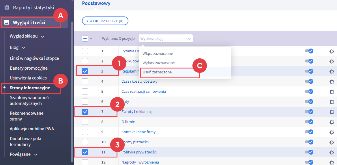 Usuń systemowe strony informacyjne Panel administracyjny > Wygląd i treści > Strony informacyjne
