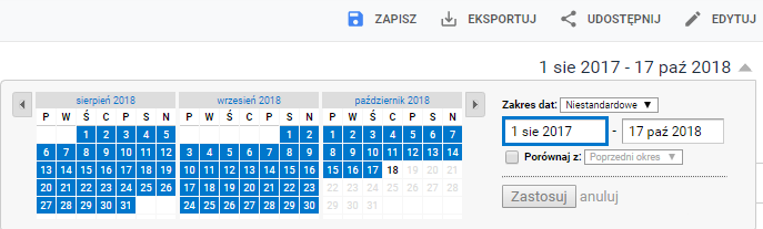 Ustaw odpowiedni zakres dat w Google Analytics (możliwie jak najdłuższy) Ustaw zakres czasu (możliwie jak najdłuższy)