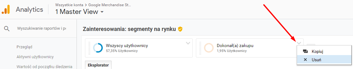 Kliknij: Usuń przy aktywnym segmencie w Google Analytics Wyłączanie aktywnego segmentu w Google Analytics