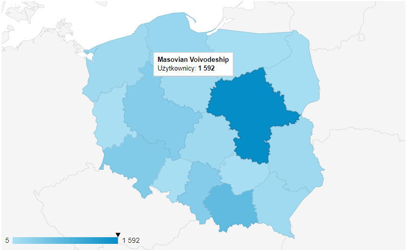 Przykład statystyk odwiedzin odbiorców ze względu na lokalizacje (Polska) Statystyki odbiorców ze względu na lokalizacje