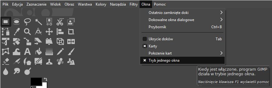 Jak włączyć tryb jednego okna w programie do obróbki grafiki GIMP? Opcja tryb jednego okna w programie graficznym GIMP