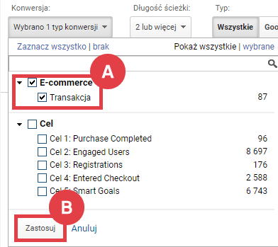 Ustawianie konwersji jako transakcje w Google Analytics Google Analytics > Konwersje > E-commerce > Transakcja