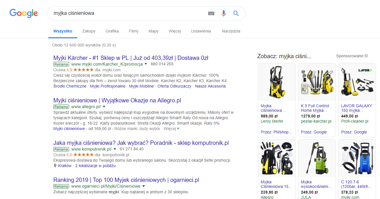 Przykład wyświetlania reklam tekstowych na stronie wyników wyszukiwania Google. Przykład wyników Google - na początku zawsze wyświetlane są reklamy tekstowe