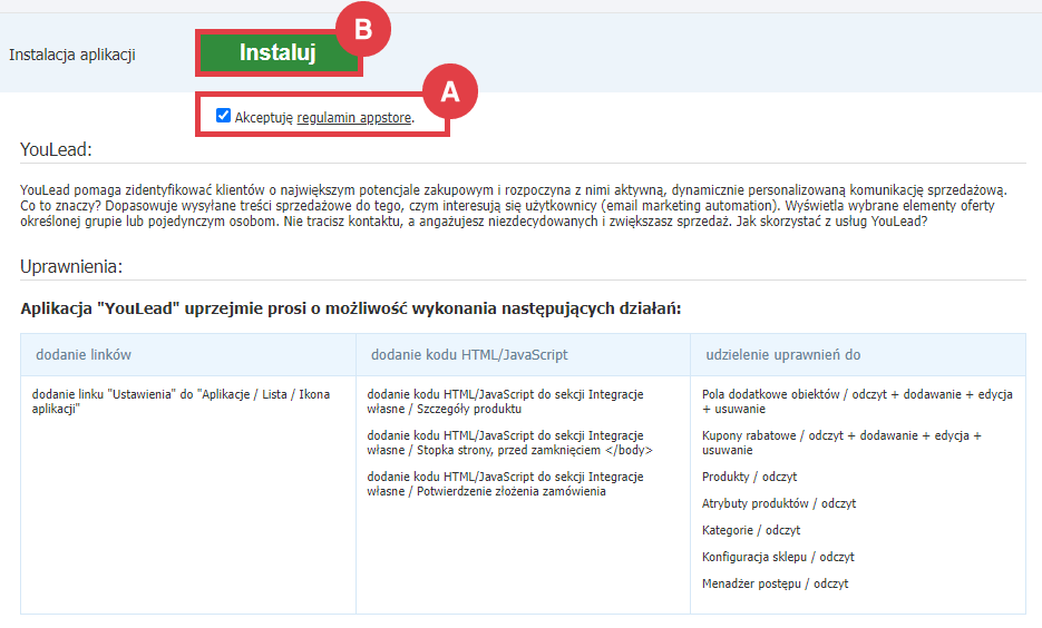 Panel administracyjny sklepu > Dodatki i integracje > Aplikacje > YouLead > Instalacja