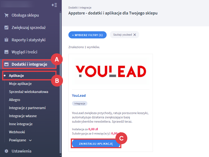 Panel administracyjny sklepu > Dodatki i integracje > Aplikacje > YouLead