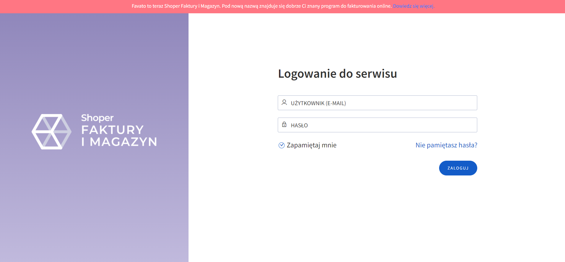 Wpisz login (adres e-mail) oraz hasło dostępu do konta Formularz logowania do Shoper Faktury i Magazyn