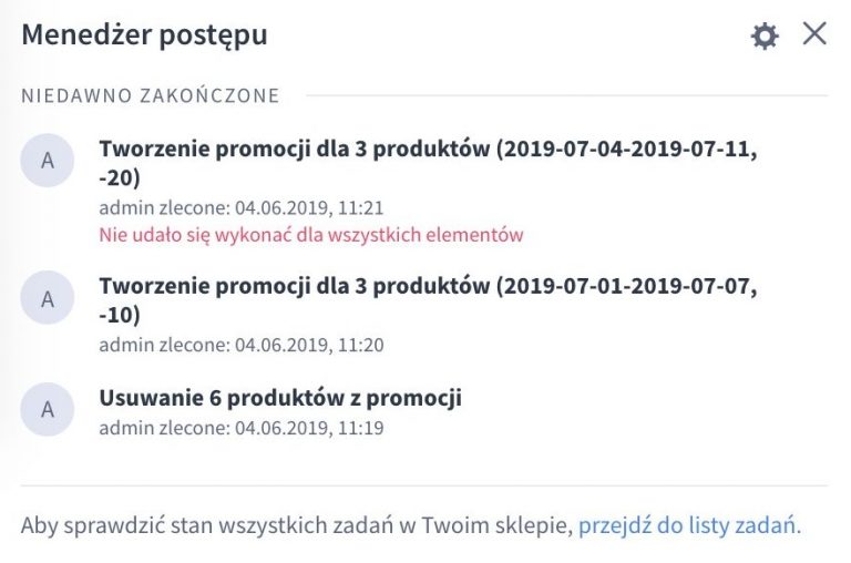 Przykładowy widok komunikatu o niepowodzeniu zadania w Menedżerze postępu Panel administracyjny sklepu > Menedżer postępu > Stan zadań