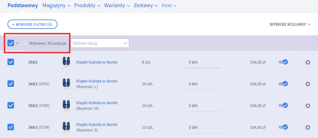 Wybierz wszystkie pozycje z listy produktów w sklepie internetowym Panel administracyjny sklepu > Lista produktów > Wybrane pozycje