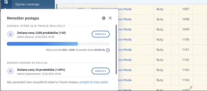 Przykładowy widok Menedżera postępu w Panelu administracyjnym sklepu Shoper Panel administracyjny sklepu > Menedżer postępu