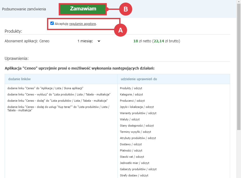Potwierdź instalację aplikacji Ceneo w swoim sklepie Shoper Panel administracyjny sklepu > Dodatki i integracje > Aplikacje > Ceneo > Instalacja