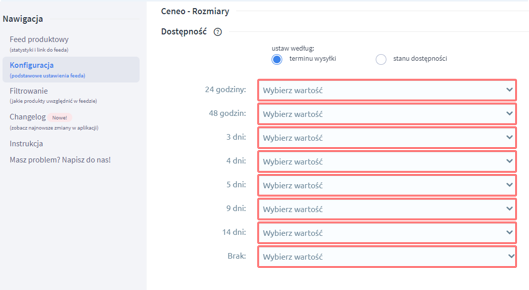 Uzupełnij wartości w polach terminów wysyłki wg. Ceneo Panel administracyjny sklepu > Dodatki i integracje > Moje aplikacje > Ceneo > Konfiguracja > Dostępność > Terminu wysyłki