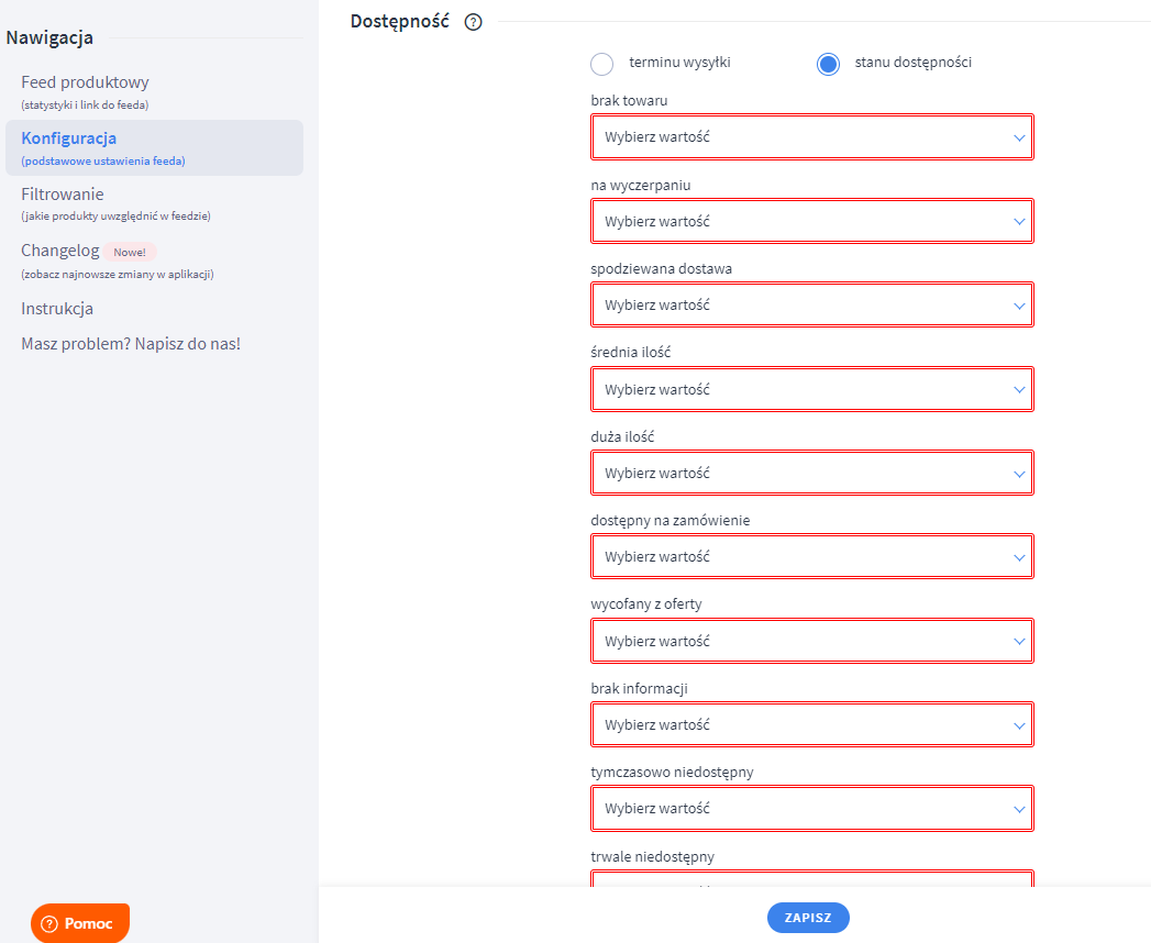 Ustal dostępność zależnie od stanu dostępności produktu Panel administracyjny sklepu > Dodatki i integracje > Moje aplikacje > Ceneo > Konfiguracja > Dostępność > Stanu dostępności