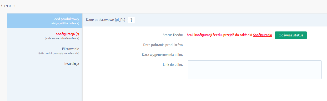 Komunikat o braku konfiguracji feedu w aplikacji Ceneo Panel administracyjny sklepu > Dodatki i integracje > Moje aplikacje > Ceneo > Feed produktowy