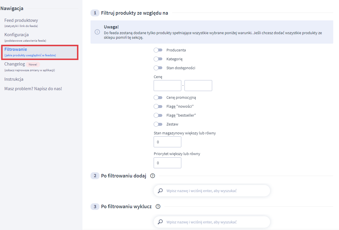 Ustaw, jakie produkty uwzględnić w feedzie Panel administracyjny sklepu > Dodatki i integracje > Moje aplikacje > Ceneo > Filtrowanie