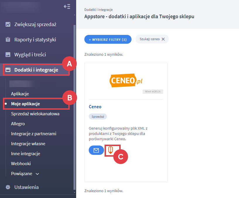 Przejdź do konfiguracji pliku XML dla porównywarki Ceneo Panel administracyjny sklepu > Dodatki i integracje > Moje aplikacje > Ceneo