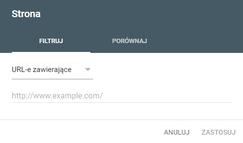 Przykład filtrowania stron po URL w Google Search Console. Przykład filtrów dla sekcji: Strona w Google Search Console.