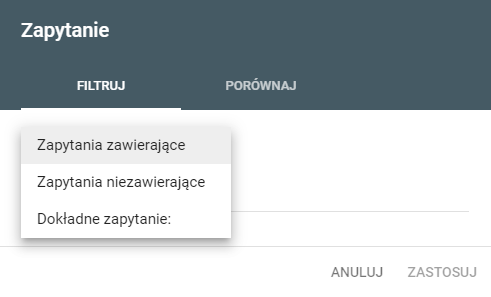 Filtry dostępne do użycia przy zapytaniach w Google Search Console. Przykładowe filtry dla zapytań w Google Search Console.