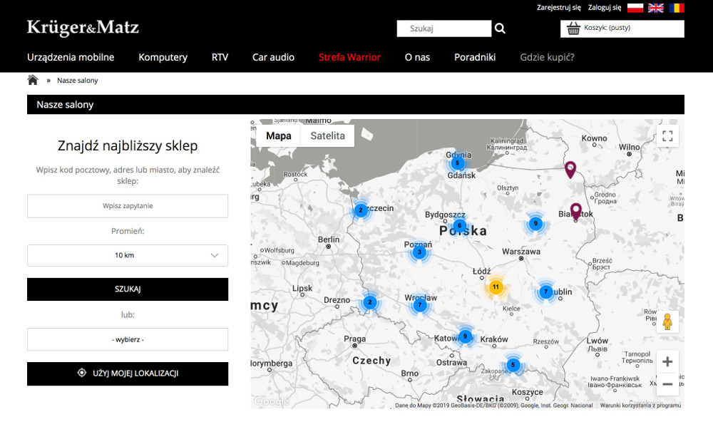 Mapa wszystkich salonów producenta Odszukaj sklep stacjonarny z asortymentem Kruger&Matz
