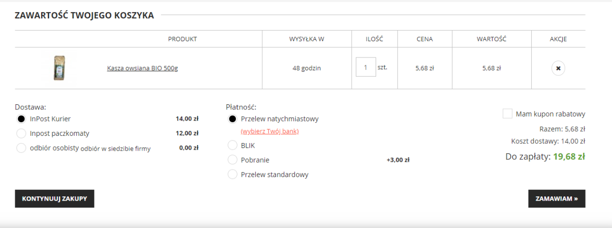 Przykładowa zawartość koszyka w sklepie internetowym