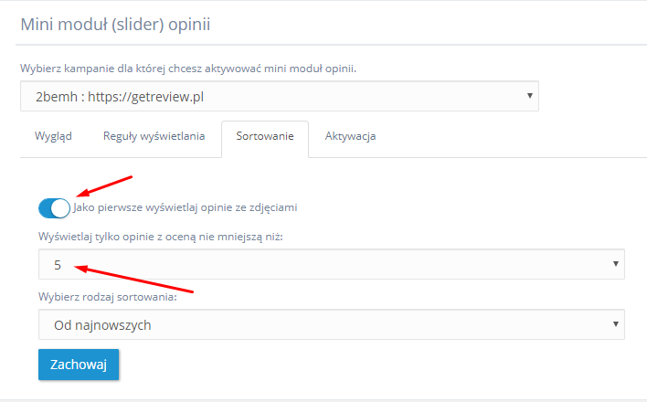 Konfiguracja minimodułu do wystawiania opinii od GetReview. Ustawienia minimodułu do wystawiania opinii.