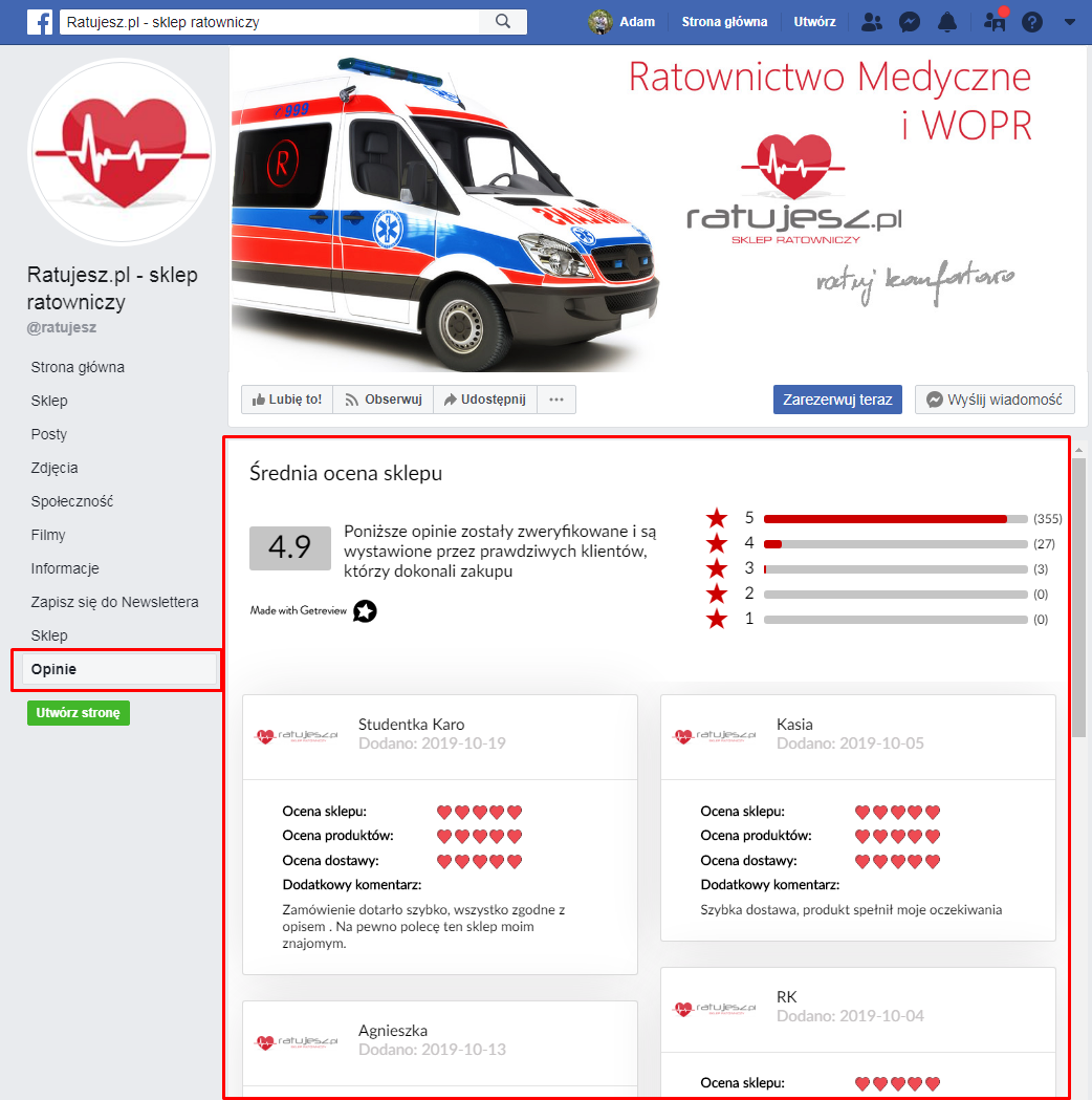 Facebook Page Tab wyświetla zebrane opinie na temat sklepu Połącz GetReview z profilem Twojej strony na Facebooku