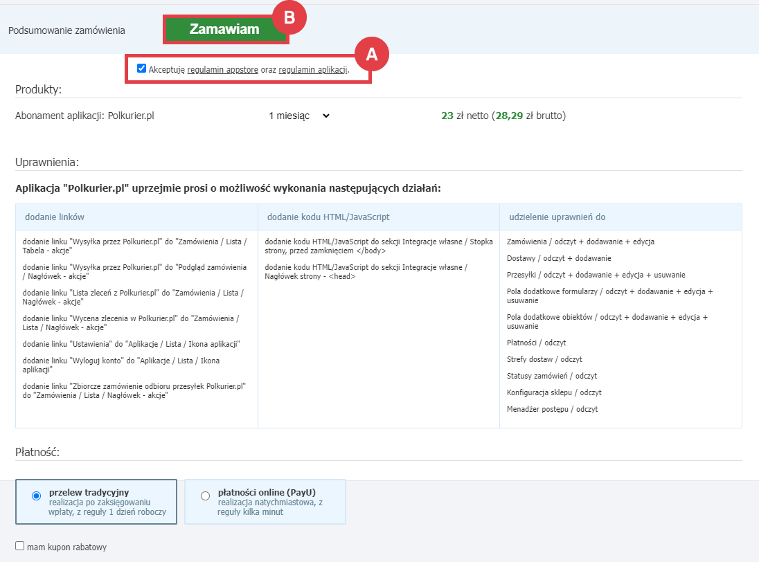 Zamów abonament aplikacji Polkurier.pl w sklepie Shoper Panel administracyjny sklepu > Dodatki i integracje > Aplikacje > Polkurier.pl > Instalacja
