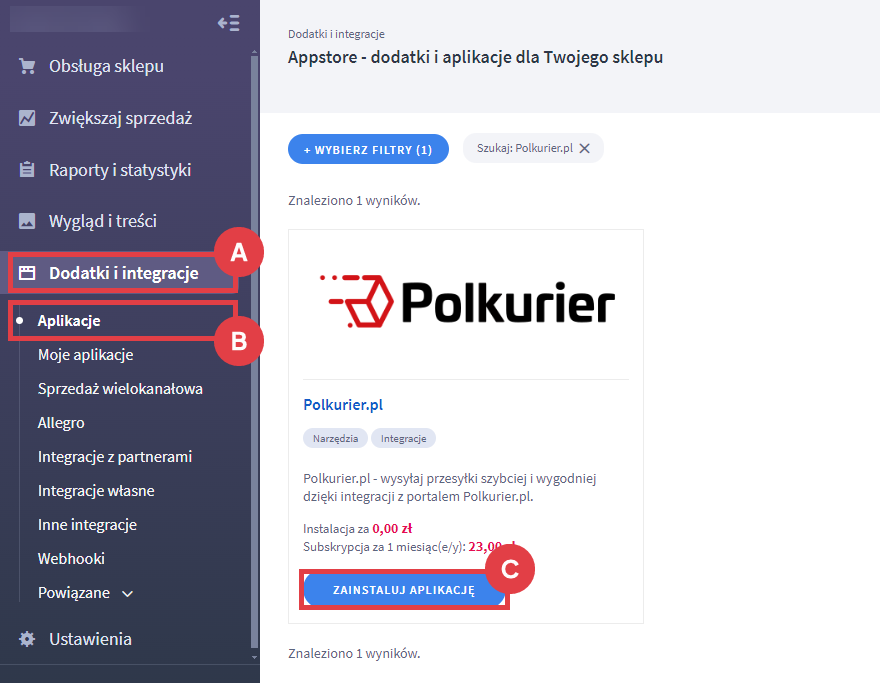 Zainstaluj aplikację Polkurier.pl w Panelu administracyjnym sklepu Shoper Panel administracyjny sklepu > Dodatki i integracje > Aplikacje > Polkurier.pl