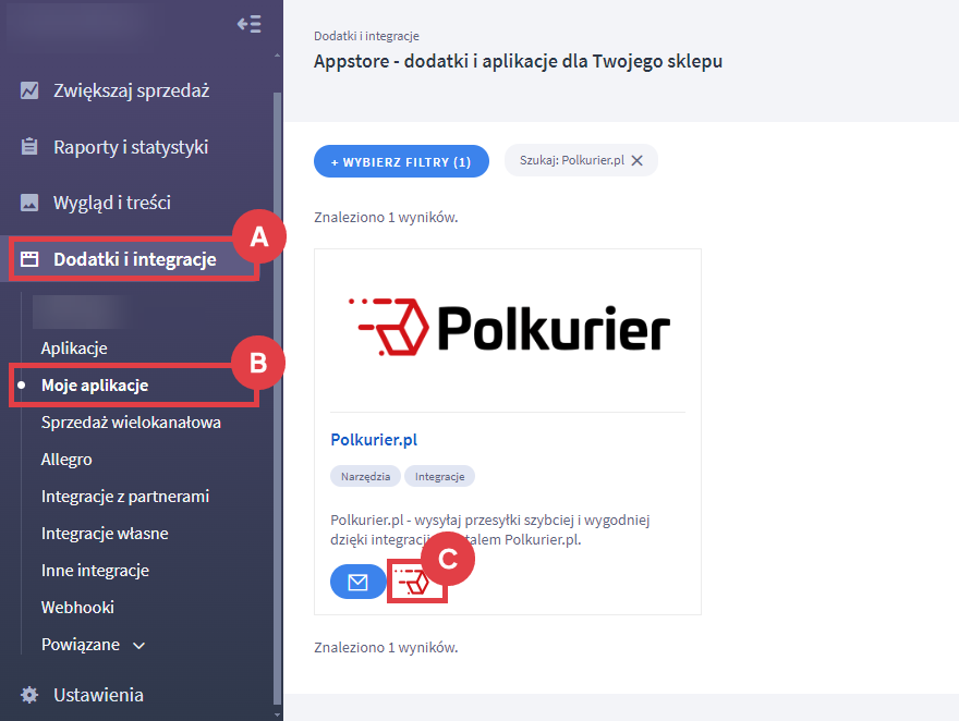 Przejdź do ustawień integracji sklepu Shoper z portalem Polkurier.pl Panel administracyjny sklepu > Dodatki i integracje > Moje aplikacje > Polkurier.pl